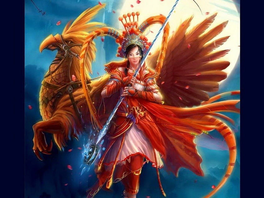 Warrior Woman, steed, moon, fantasy, woman, warrior HD wallpaper