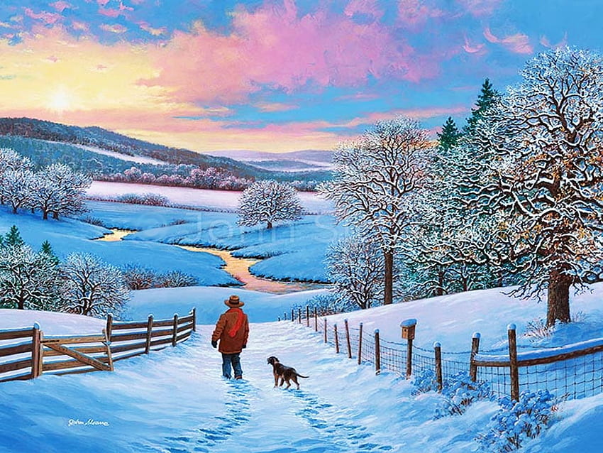 Rise and Shine, fences, winter, dog, hills, snow, man, trees, road, painting HD wallpaper