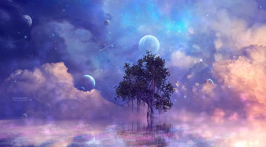 จินตนาการ, ดาวเคราะห์, สีฟ้า, เมฆ, ต้นไม้, ดาว, ท้องฟ้าเต็มไปด้วยดวงดาว, ศิลปะ, สีม่วง วอลล์เปเปอร์ HD
