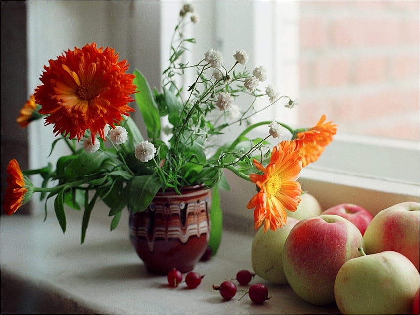 花と果物のある窓、アート、静物、窓、自然、花、果物、素敵 高画質の壁紙