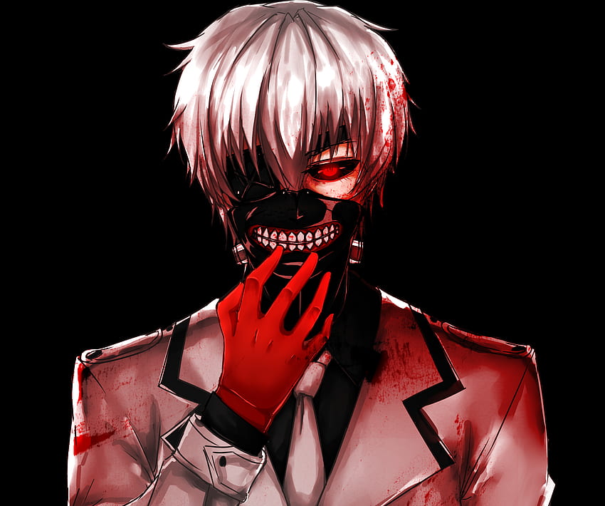 Maske, Blut, weißes Haar, rote Augen, Junge, Tokyo Ghoul:re, Zähne, kurzes Haar, Ken Kaneki, Tokyo Ghoul, Handschuh, Anime. Cool HD-Hintergrundbild