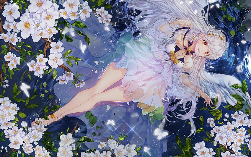 Girl, blue, white, anime, flower, kimpeul, green, manga HD wallpaper