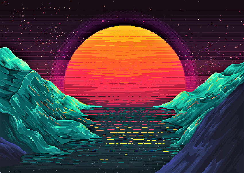 Sun, Artistic, Ocean, Retro Wave, Landscape, Pixel Art, Mountain , Retro Surf Art HD wallpaper