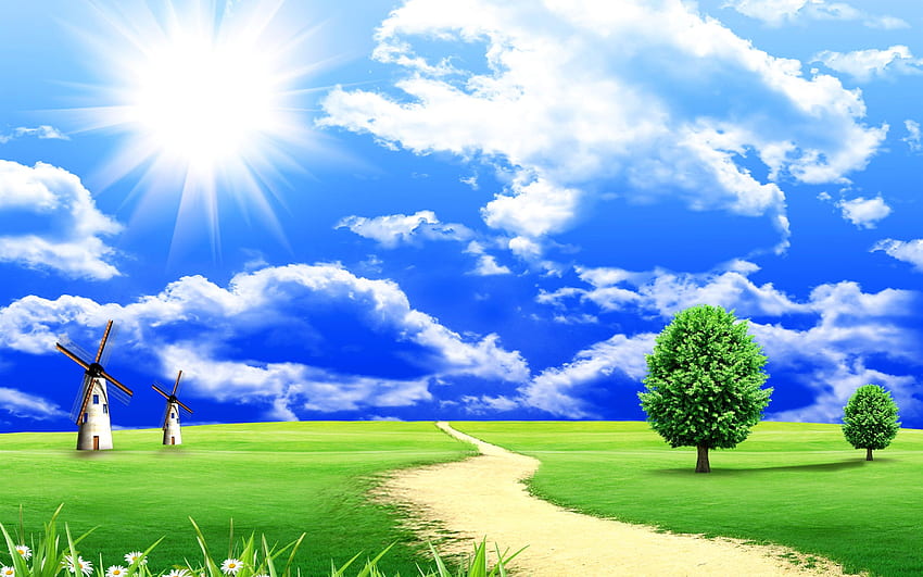 Blauer Himmel und Straße, Himmel und Gras HD-Hintergrundbild