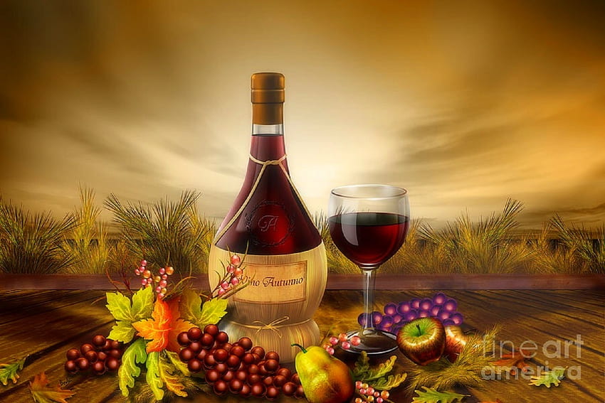 秋のワイン、ブドウ、夢のアトラクション、秋、果物、ボトル、風景、葉、グラス、秋、飲み物、ワイン、ブドウ園 高画質の壁紙