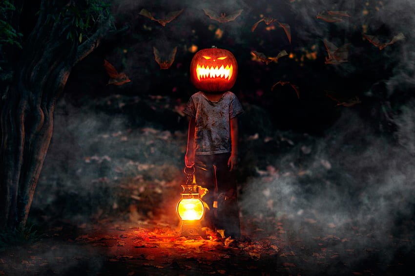 ... joyeux halloween homme tête de citrouille lanterne chauves-souris brouillard forêt fantôme chauves-souris fond Fond d'écran HD