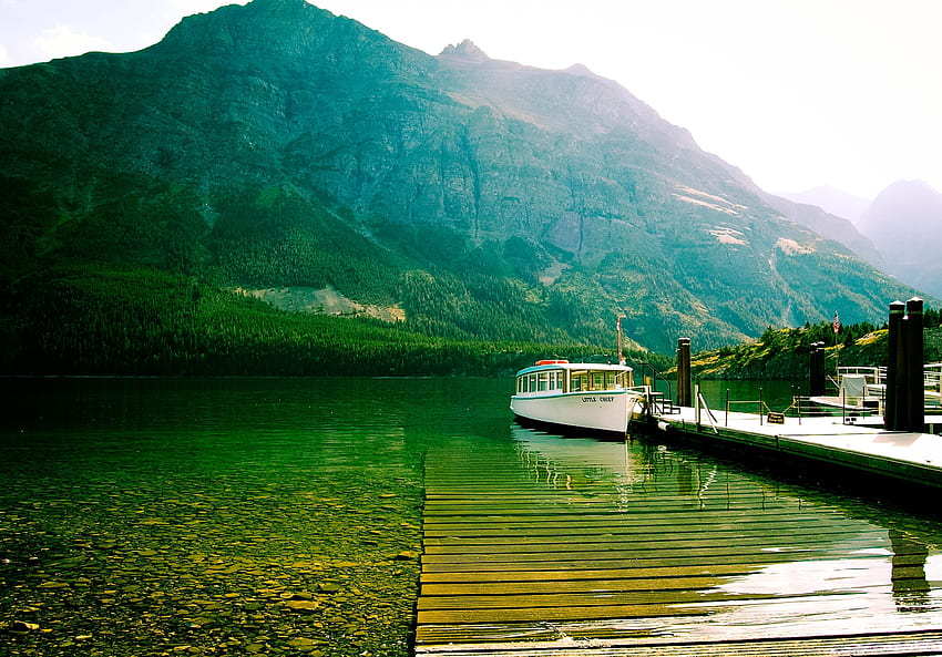 Naturaleza, agua, montañas, lago, transparente, barco, parte inferior, caminar fondo de pantalla