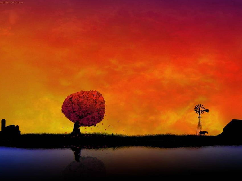Farm Sunset, windmill, silhouette, tree, sunset HD wallpaper