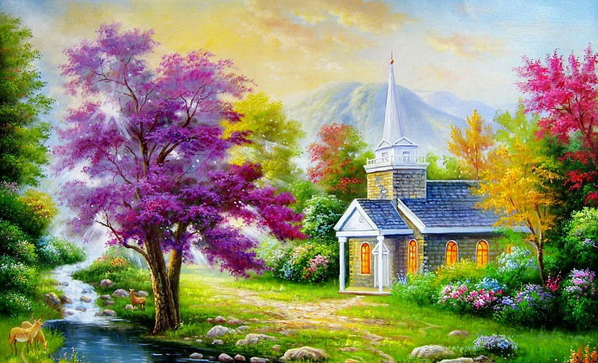 Spring in countryside, river, colorful, creek, chapel, roe, church, spring, shore, reflection, painting, blossoms, animals, trees, art, house, flowering, paradise, bushes, grass, stones, mountain, cabin, summer, blooming, nature, sky, deers, flowers, cottage, village, countryside, stream HD wallpaper