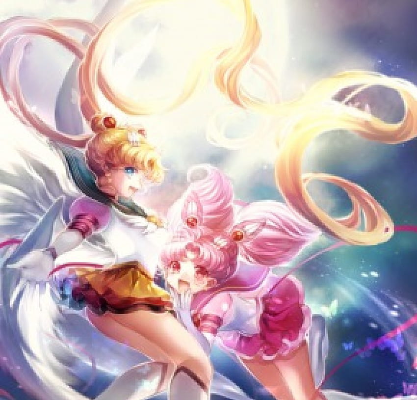 Sailor Moon & Sailor Chibi Moon, azul, ángel, cabello largo, camisa, belleza, mágico, cabello rubio, falda, alas, blanco, magia, arte, sonrisa, hermoso, cabello rosado, rosa, anime, bonito, amarillo, rojo, chicas, encantador fondo de pantalla