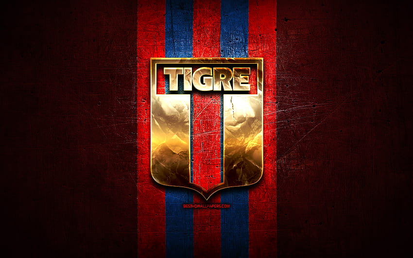 Tigre FC, златно лого, Primera Nacional, червен метален фон, футбол, аржентински футболен клуб, лого на Tigre, футбол, CA Tigre, Аржентина, Club Atletico Tigre HD тапет