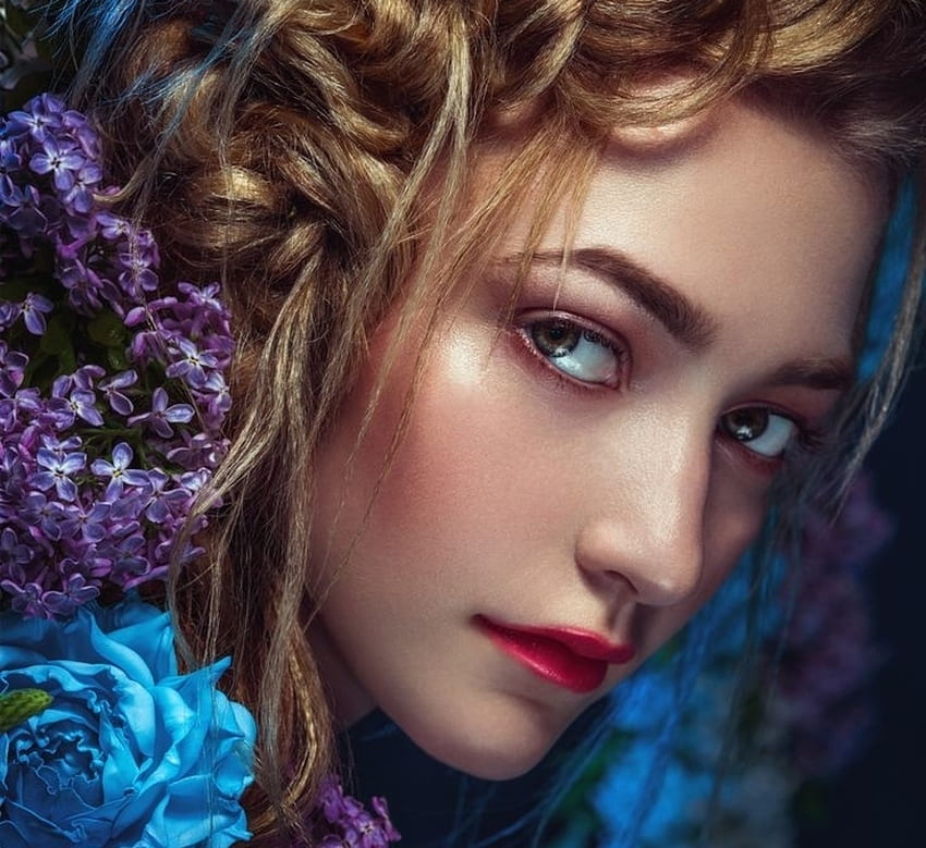 Beauty, blue, model, flower, girl, woman, lilac HD wallpaper
