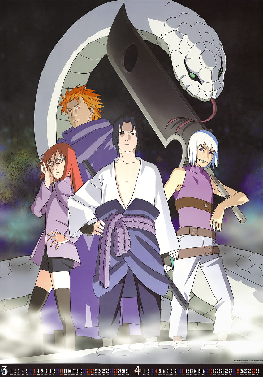 Sasuke, Karin, Suigetsu, Jugo Naruto Shippuden Calendario 2010 03 04 Aiktry fondo de pantalla del teléfono