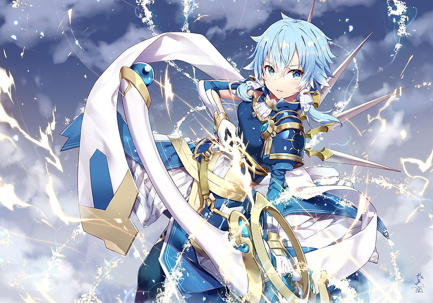 blue hair bow (weapon) clouds gabiran gloves green eyes shinon (sao) short hair sky sword art online weapon Anime HD wallpaper