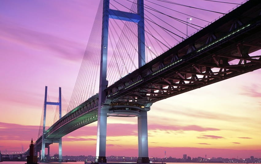 красив мост в пастелни цветове, град, залив, цветове, мост, залез HD тапет