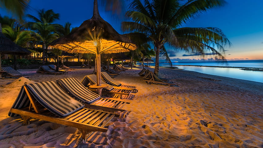 Нощ в Мавриций, релакс, залез, пясък, море, вода, нощ, курорт, океан, почивка, ваканция, плаж, Мавриций, остров, индийски, светлини HD тапет