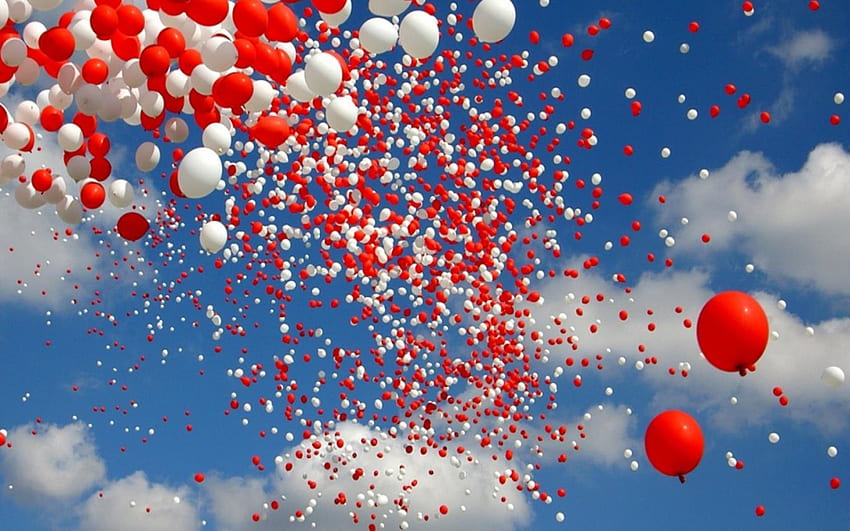 Red white balloons skyscapes HD wallpaper
