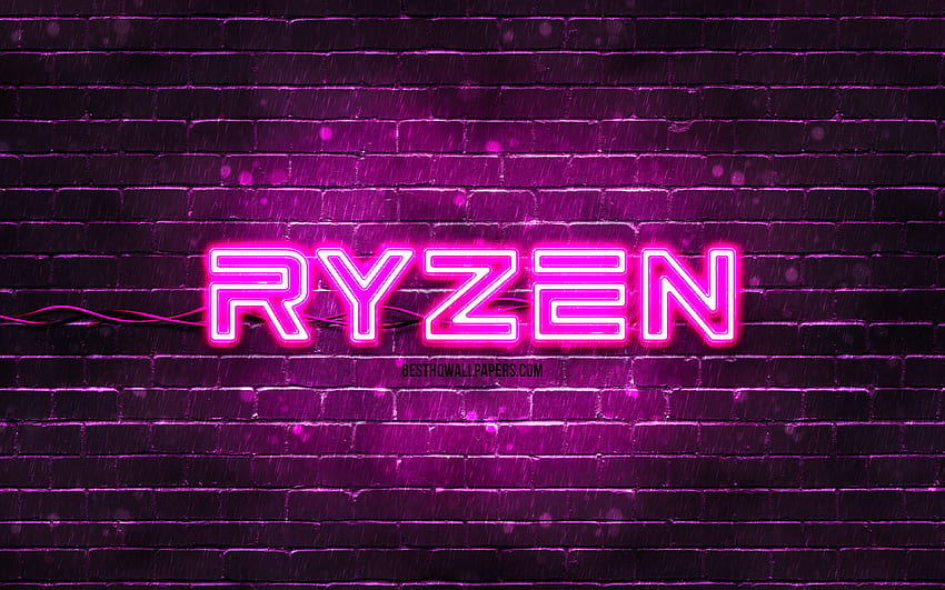 AMD Ryzen 퍼플 로고, , 퍼플 브릭월, AMD Ryzen 로고, 브랜드, AMD Ryzen 네온 로고, AMD Ryzen HD 월페이퍼
