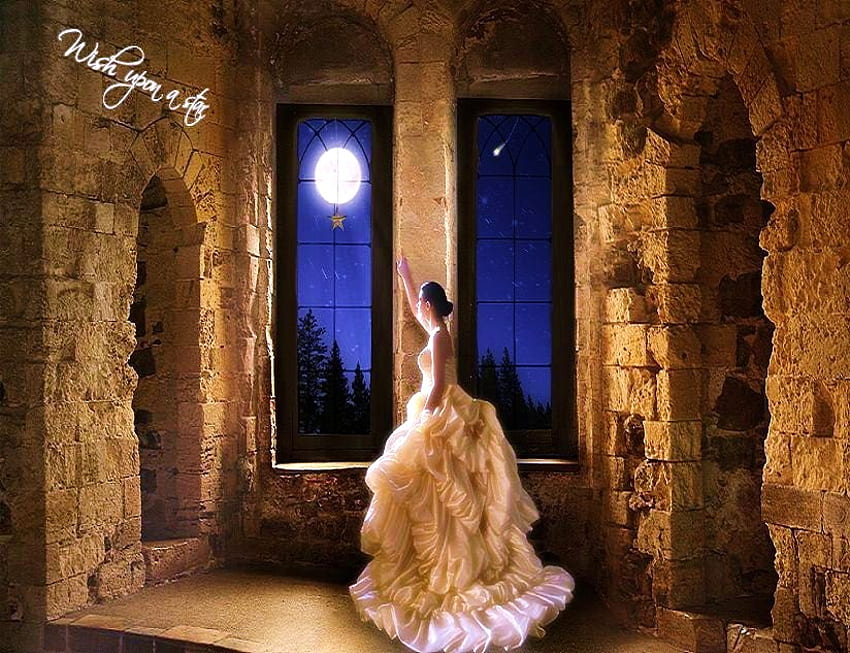 Wish upon a star, moon, windows, yellow dress, night sky, stone, stars, castle HD wallpaper