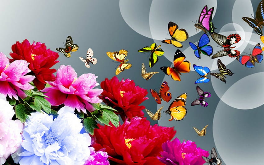 Flowers and Butterflies, butterflies, flowers, 3d, art HD wallpaper