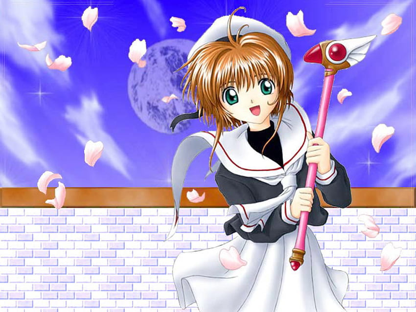 Sakura Kinomoto, card captor sakura, uniform, cute, girl, school uniform, petal, anime girl, anime, moon, sakura, sky, cloud, female HD wallpaper