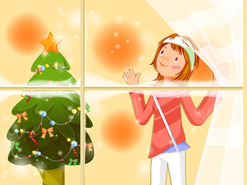 Wishing well, holiday, window, snow, christmas, girl, tree HD wallpaper