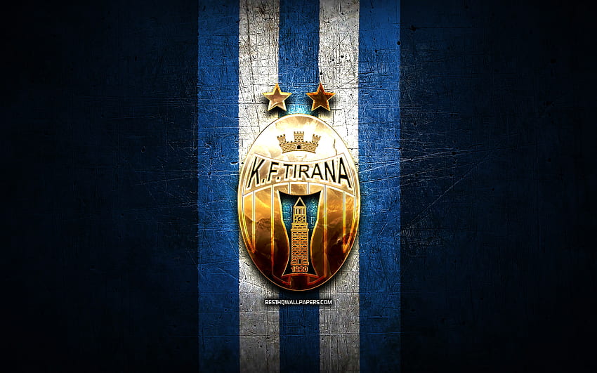 KF Tirana, altın logo, Kategoria Superiore, mavi metal arka plan, futbol, ​​Arnavut Futbol Kulübü, KF Tirana logo, Tiran FC HD duvar kağıdı