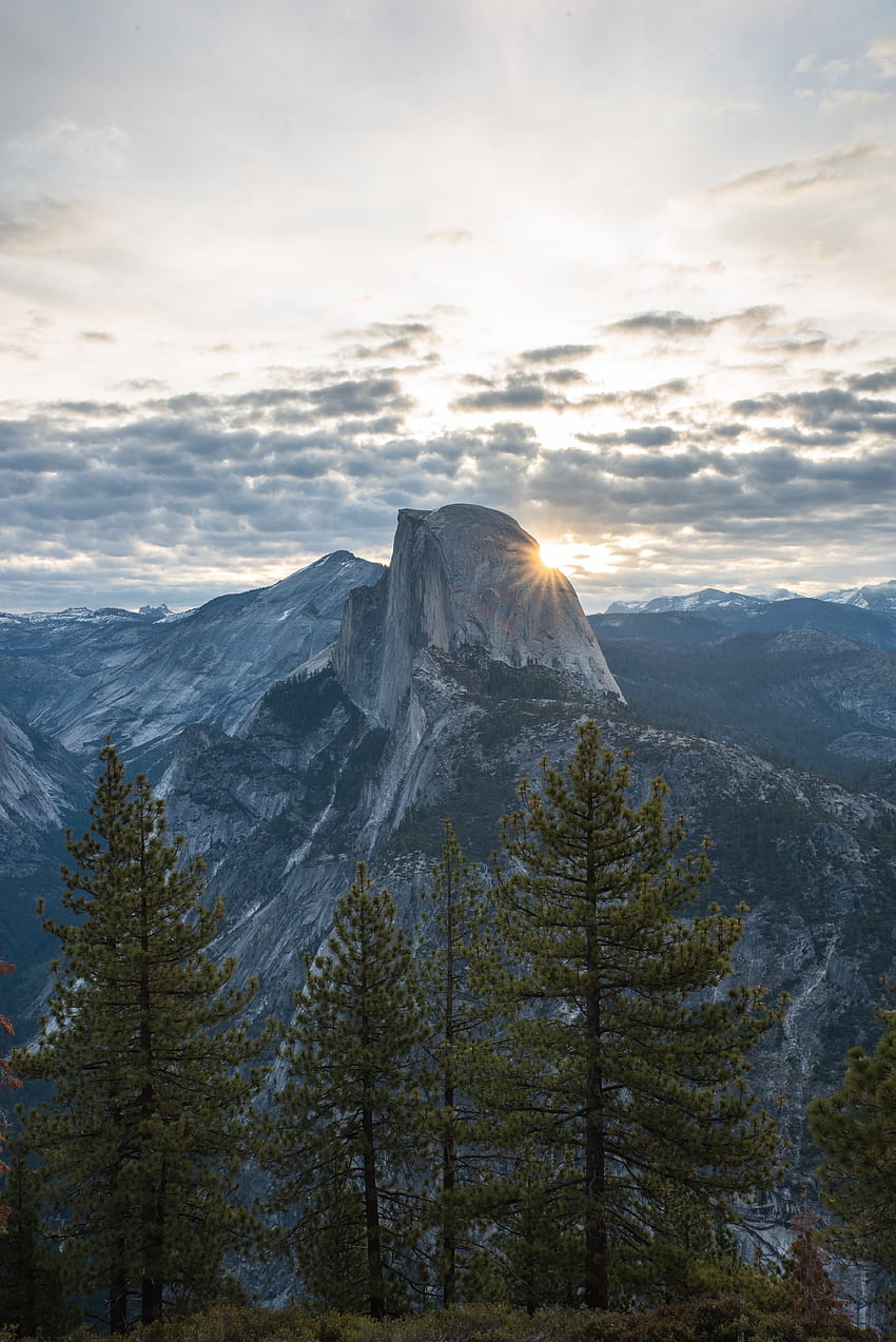Nature, Trees, Mountains, Dawn, Usa, Vertex, Top, Shine, Light, United States, Yosemite Valley HD phone wallpaper