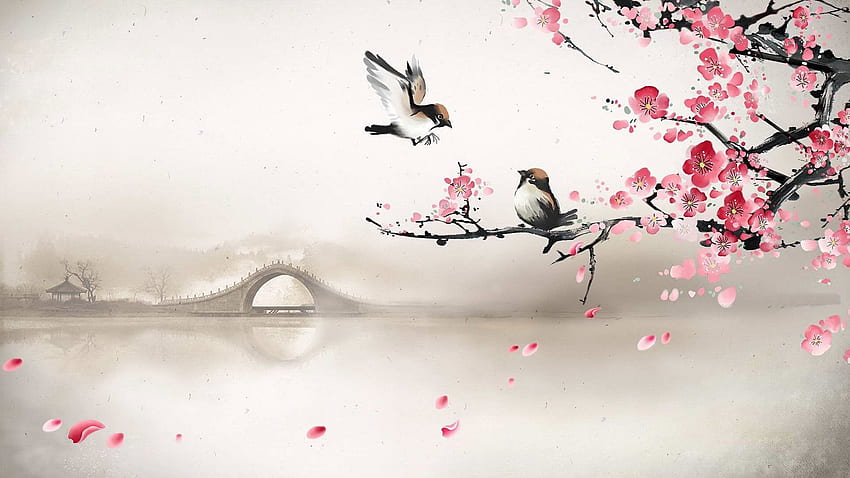 Art asian oriental flowers blossom bridges . HD wallpaper