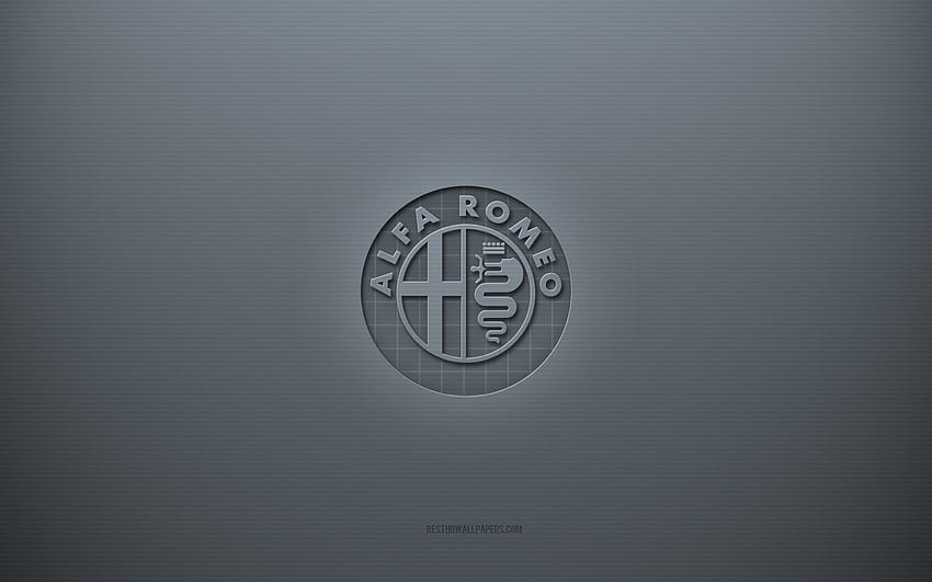 Лого на Alfa Romeo, сив креативен фон, емблема на Alfa Romeo, текстура на сива хартия, Alfa Romeo, сив фон, лого на Alfa Romeo 3d HD тапет