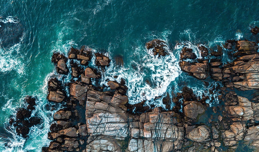 Скали, изглед от въздуха, море, бряг HD тапет