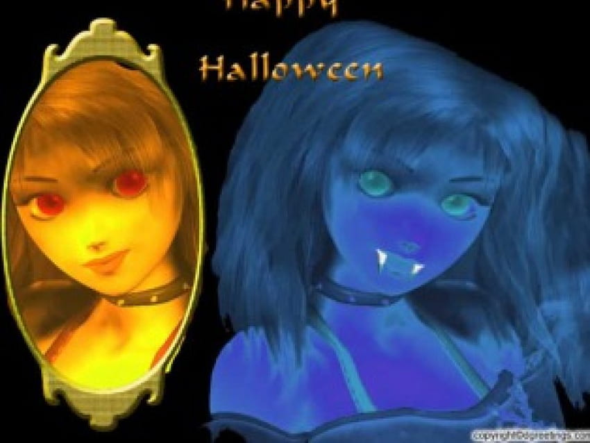 Vampire Girl, mirror, halloween, reflection, 3d, girl, vampire HD wallpaper