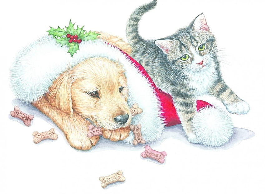 Noel Evcil Hayvanlar, sanat eserleri, yavru kedi, köpek yavrusu, yılbaşı, hediyeler, kalem HD duvar kağıdı