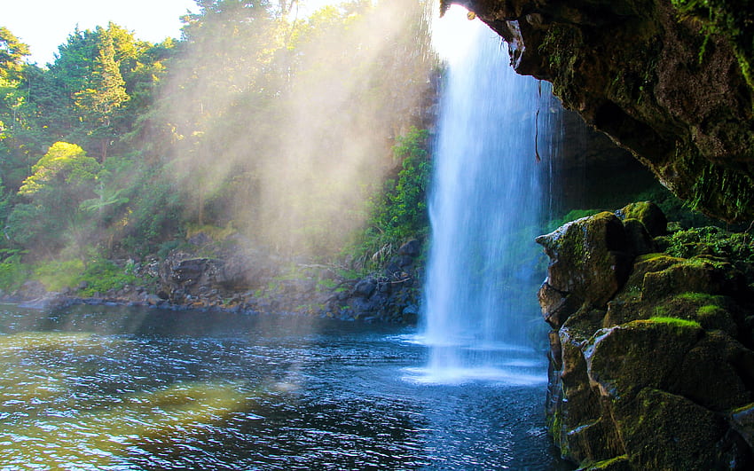 Rainbow Falls (Waianiwaniwa), New Zealand, sunlight, water, mountain, pond, rocks HD wallpaper