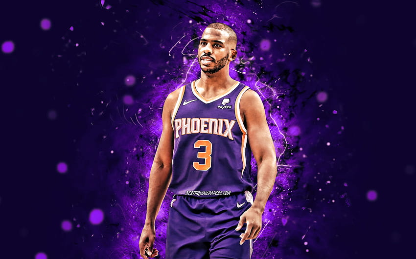 Chris Paul, , Phoenix Suns, NBA, bintang bola basket, lampu neon ungu, bola basket, Chris Paul Phoenix Suns, Chris Paul Wallpaper HD