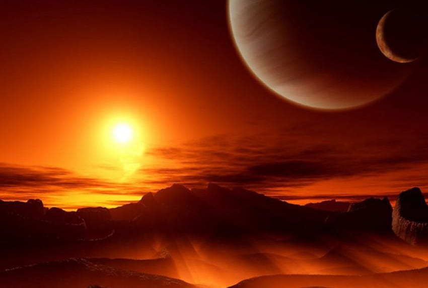 Brennende Welt, Planet, Mond, Gelände, Rot, Sonnen HD-Hintergrundbild