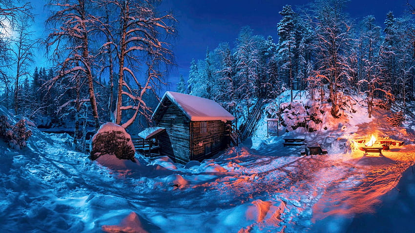 Зима във Финландия, дървета, пустош, сняг, колиба, лагерен огън HD тапет