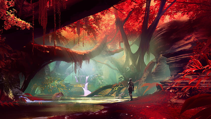 Forest, red leaves, waterfall, robot, art U , , Red Jungle HD wallpaper