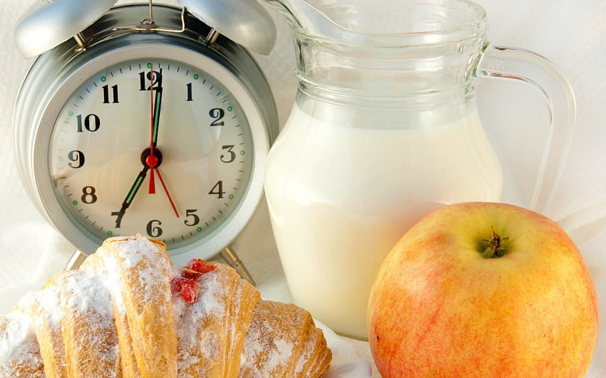 *** Time for breakfast ... ***, milk, jug, croissant, breakfast, apple, clock, food HD wallpaper