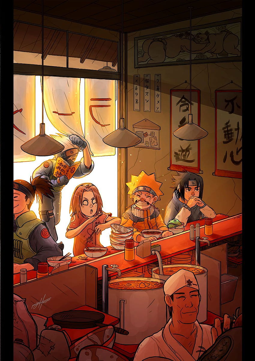 Team 7 bei Ramen Ichiraku von paigeillustration. Naruto, Ramen-Laden HD-Handy-Hintergrundbild