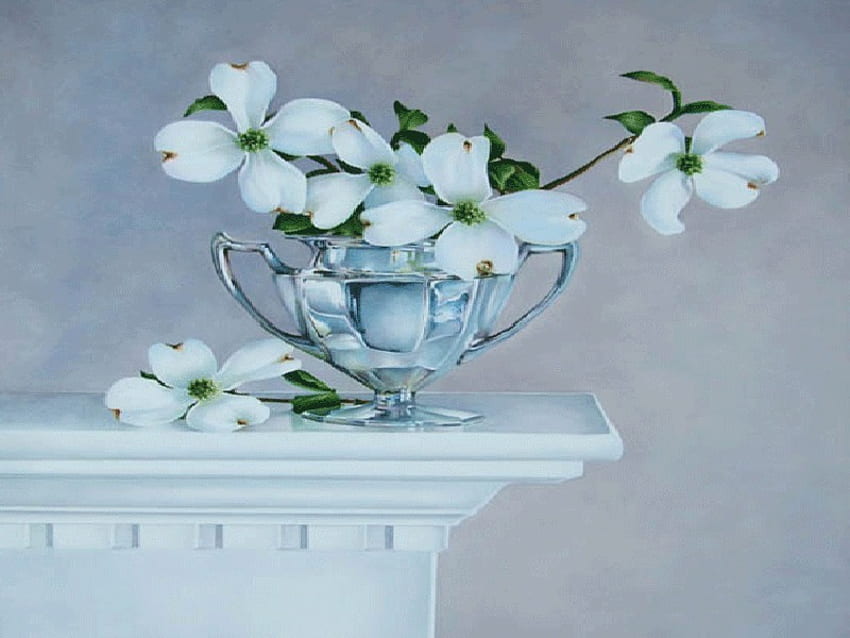 Springtime Memories, mantle, blossoms, silver, vase, elegance, dogwood HD wallpaper
