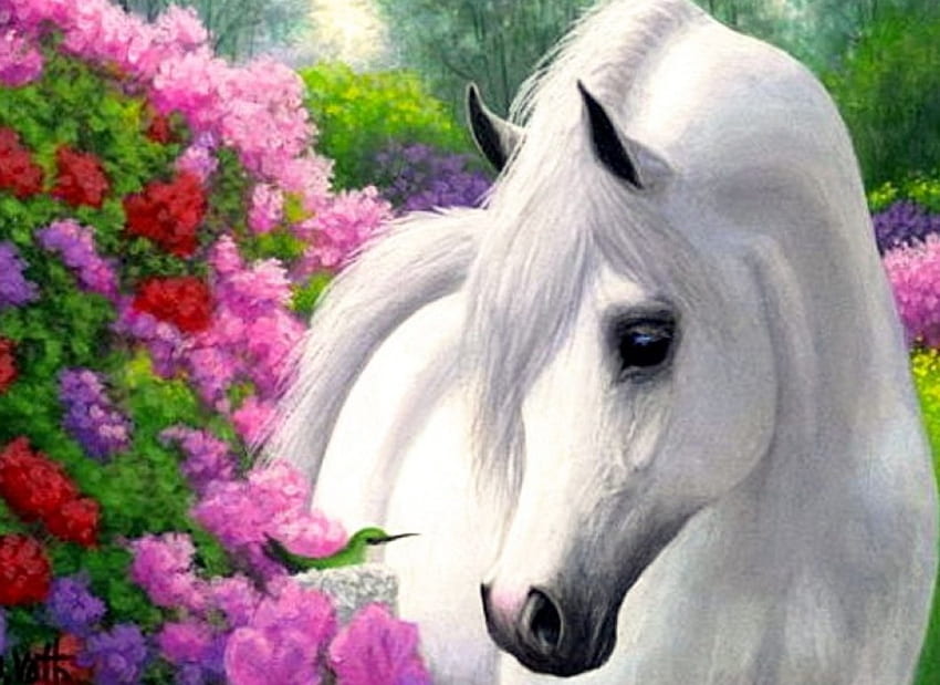 White Beauty, artwork, horse, painting, bird, flowers HD wallpaper