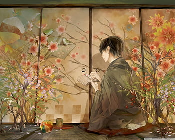 Male anime kimono night snow tree lamb wallpaper, 1440x1152, 800400