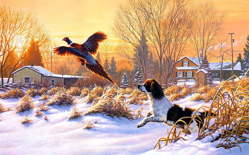 Sztuka, malarstwo, ptak, śnieg, pies Tapeta HD