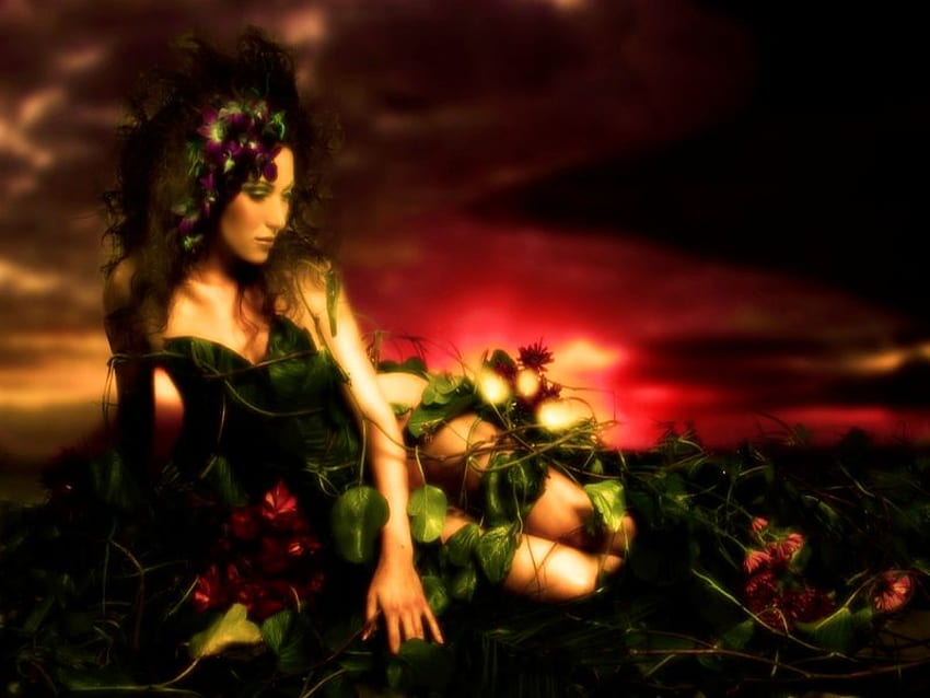 RUBY SKY INDAH.., langit ruby, wanita, hijau, merah, menunggu, alam, bunga, daun, menonton Wallpaper HD