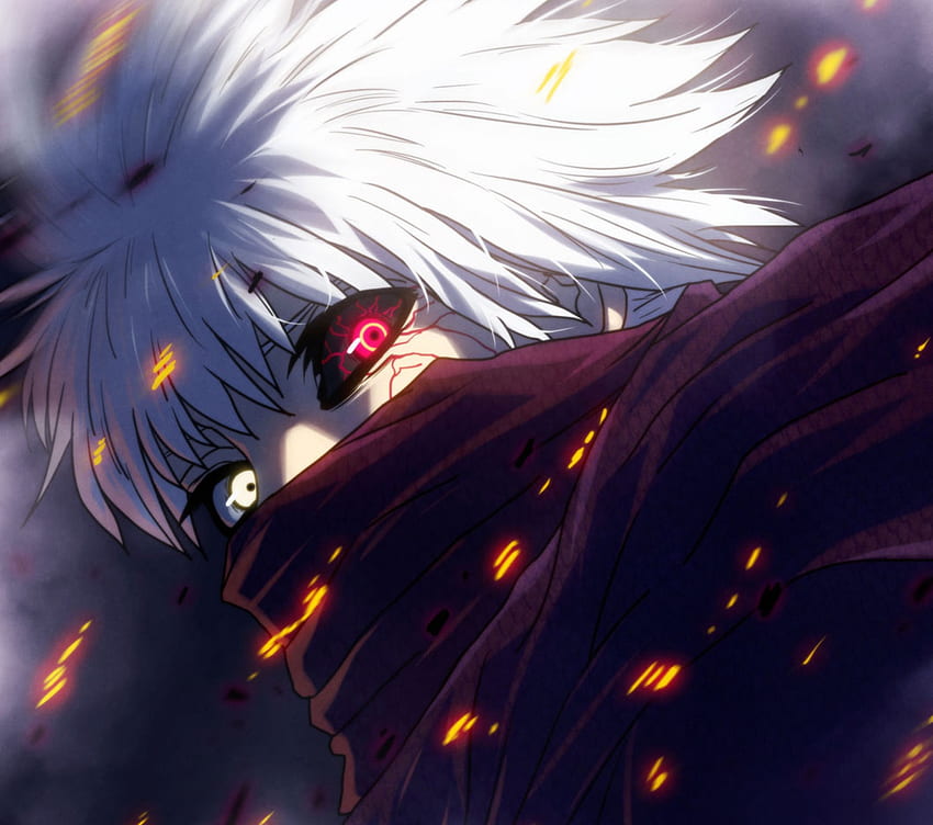 Ken Kaneki, Menino, Cachecol, Olhos Vermelhos, Cabelo Branco, Olhos Brilhantes, Anime, Heterocromia, Tokyo Ghoul , Anime com Máscara papel de parede HD