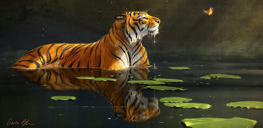 Tiger, summer, butterfly, art, fantasy, tigru, water, vara HD wallpaper
