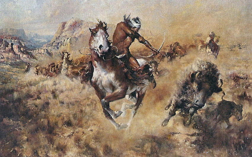 The Great Hunt FC, seni, Old West, cantik, ilustrasi, karya seni, penduduk asli Amerika, layar lebar, bison, lukisan, kerbau Wallpaper HD