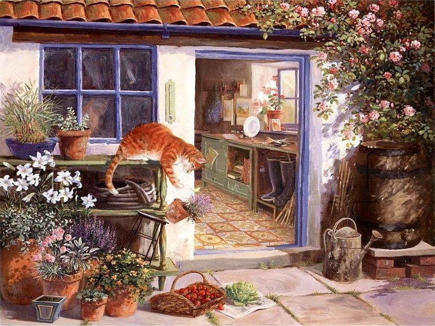 Bernard Willington - Gardeners World, kitten, bernard willington, door, at,  painting, garden, cat, gardeners world HD wallpaper | Pxfuel