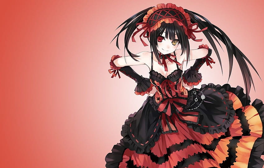 Look, Girl, Dress, Cleavage, Red Eyes, Black Hair, Red Background